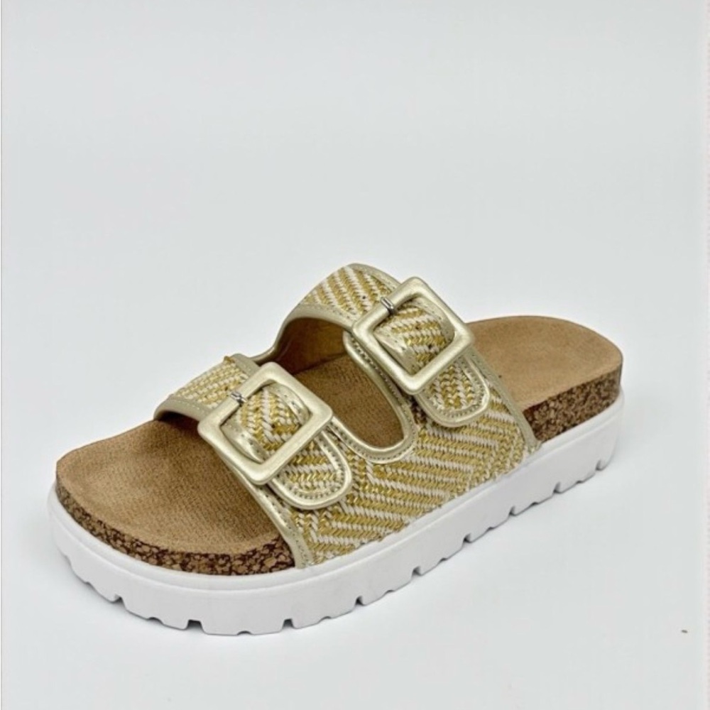 Women’s Golden Double Buckle Strap Slide Sandal